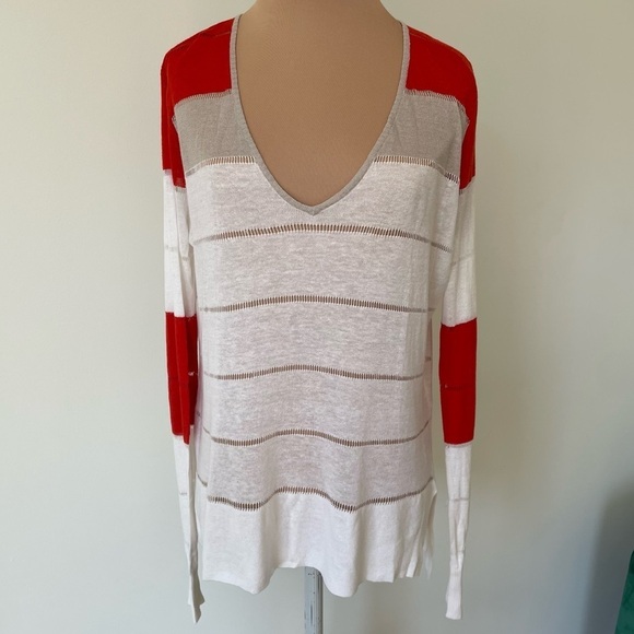 L.A.M.B. Sweaters - L.A.M.B. White Multi Linen Blend Long Sleeve V-Neck Light Weight Sweater Size S